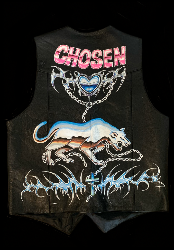 <strong>HAND PAINTED CHROME PANTHER VINTAGE LEATHER VEST </strong>BLACK
