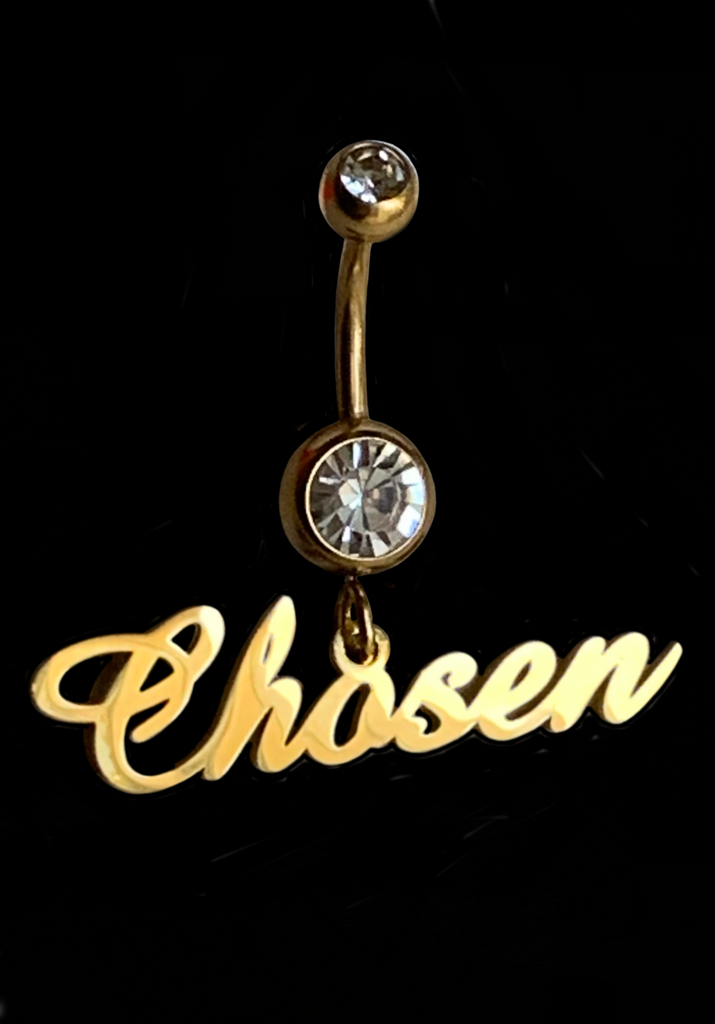 <strong>GOLD PLATED CHOSEN NAME TAG BELLY BUTTON STUD</strong>
