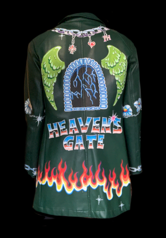<strong>VINTAGE HAND PAINTED HEAVENS GATE LEATHER JACKET GREEN ONE OF ONE </strong> DOUBLE SIDED