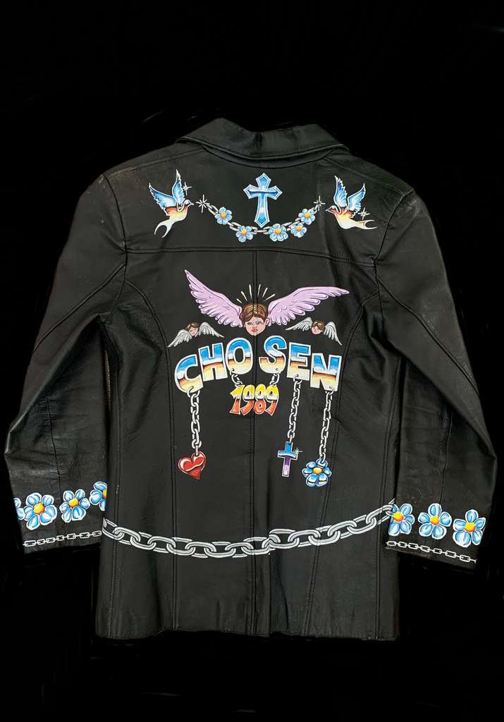 <strong>VINTAGE LEATHER HAND PAINTED CUPID JACKET ONE OF ONE</strong> DOUBLE SIDED
