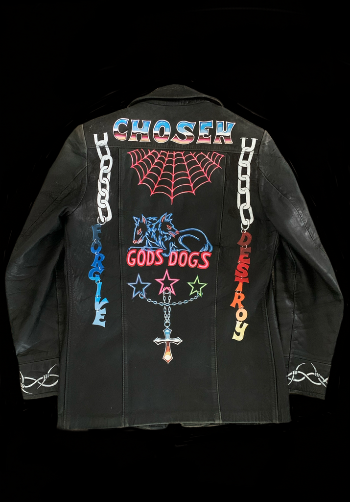 <strong>HAND PAINTED GODS DOGS NEON VINTAGE LEATHER JACKET</strong> BLACK