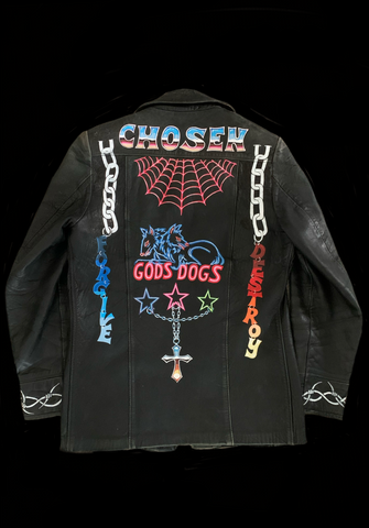 <strong>HAND PAINTED GODS DOGS NEON VINTAGE LEATHER JACKET</strong> BLACK