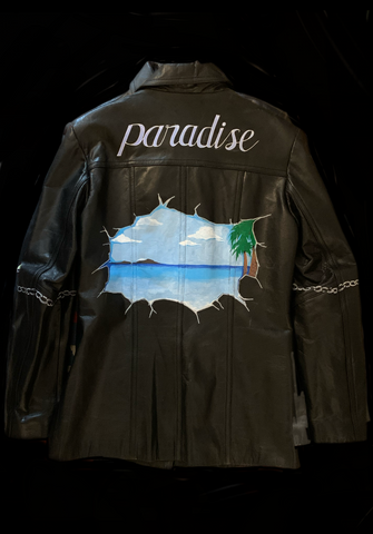 <strong>HAND PAINTED VINTAGE PARADISE LEATHER JACKET</strong> BLACK
