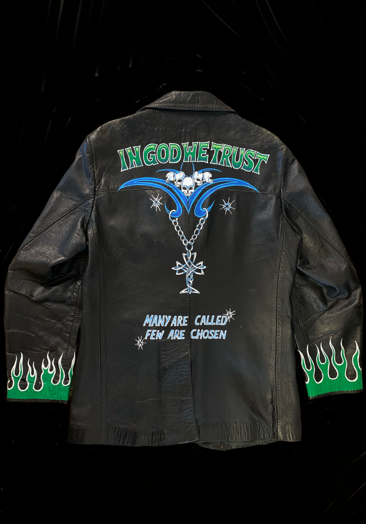 <strong>IN GOD WE TRUST HAND PAINTED VIMTAGE LEATHER JACKET</strong> BLACK