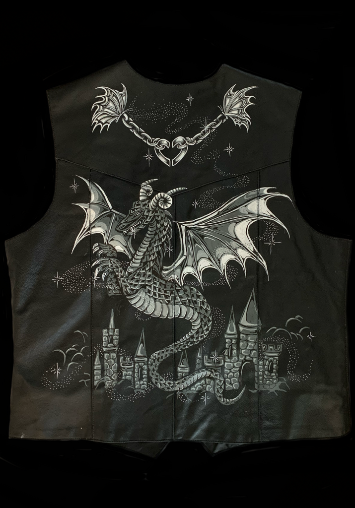<strong>HAND PAINTED DOUBLE SIDED DRAGON VINTAGE LEATHER VEST</strong> BLACK